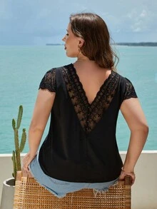 SHEIN VCAY Plus Contrast Lace V Neck Blouse - Black - View 2