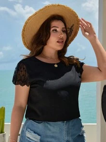 SHEIN VCAY Plus Contrast Lace V Neck Blouse - Black - View 4