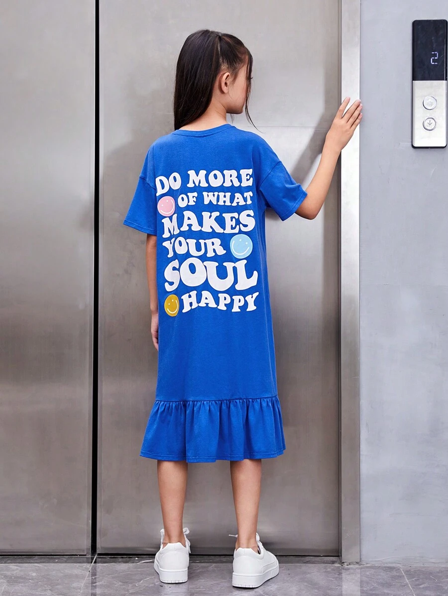 SHEIN Cô gái Đồ họa Khẩu hiệu Xù Hoa Sen Váy Smock - Xanh đậm - Xem 1