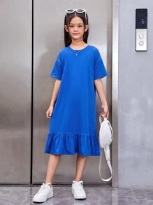 SHEIN Cô gái Đồ họa Khẩu hiệu Xù Hoa Sen Váy Smock - Xanh đậm - Xem 2