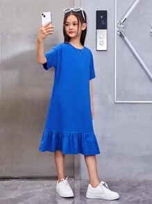 SHEIN Cô gái Đồ họa Khẩu hiệu Xù Hoa Sen Váy Smock - Xanh đậm - Xem 4