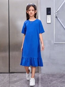 SHEIN Cô gái Đồ họa Khẩu hiệu Xù Hoa Sen Váy Smock - Xanh đậm - Xem 5