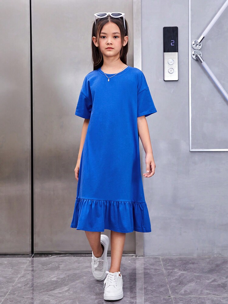 SHEIN 女大童標語圖案荷葉邊娃娃裙 - 寶藍色 - 查看 5