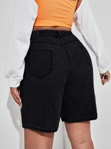 SHEIN ICON 大碼高腰牛仔短褲 - 黑色 - 查看 2