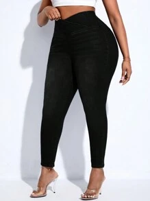 Quần Denim kích thước lớn màu trơn - màu đen - Xem 4
