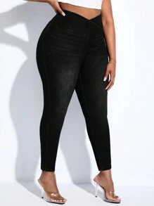 Quần Denim kích thước lớn màu trơn - màu đen - Xem 5