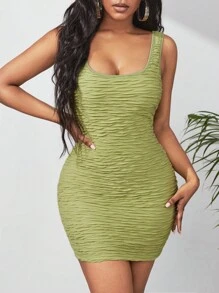 SHEIN SXY 素色大圓領緊身連衣裙 - 橄欖綠 - 查看 5