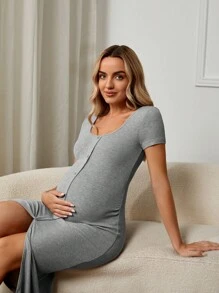 SHEIN Váy Bà bầu Nút màu trơn Giải trí - Xám - Xem 5