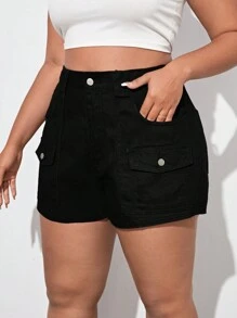 Plus High Waist Flap Pocket Denim Shorts - Black - View 4