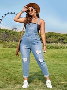 Plus Ripped Denim Dungarees Without Tank Top - Light Wash - View 1