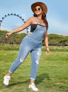 Plus Ripped Denim Dungarees Without Tank Top - Light Wash - View 4