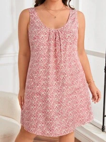 SHEIN LUNE Plus Ditsy Floral Print Dual Pocket Tank Dress - Dusty Pink - View 4