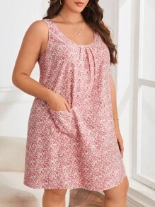 SHEIN LUNE Plus Ditsy Floral Print Dual Pocket Tank Dress - Dusty Pink - View 1