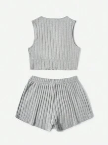 SHEIN EZwear Letter Patched Detail Crop Tank Top & Shorts - Light Grey - View 2