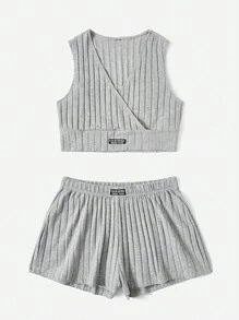 SHEIN EZwear Letter Patched Detail Crop Tank Top & Shorts - Light Grey - View 3