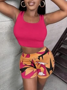 Slaydiva 素色短款背心和圖案印花短褲 - 玫紅色 - 查看 1