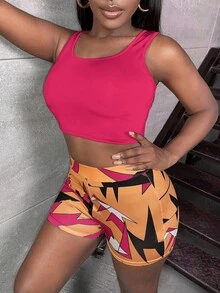 Slaydiva 素色短款背心和圖案印花短褲 - 玫紅色 - 查看 6