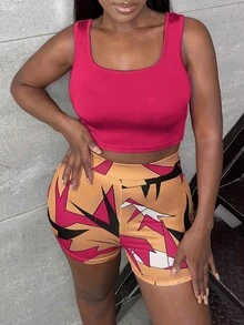 Slaydiva 素色短款背心和圖案印花短褲 - 玫紅色 - 查看 7
