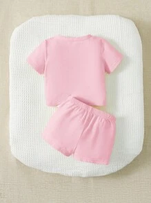 SHEIN Baby Girl 2pcs/Set Casual Shorts Outfits Letter Print Short Sleeve Round Neck Tee And Elastic Waist Shorts, Suitable For Summer