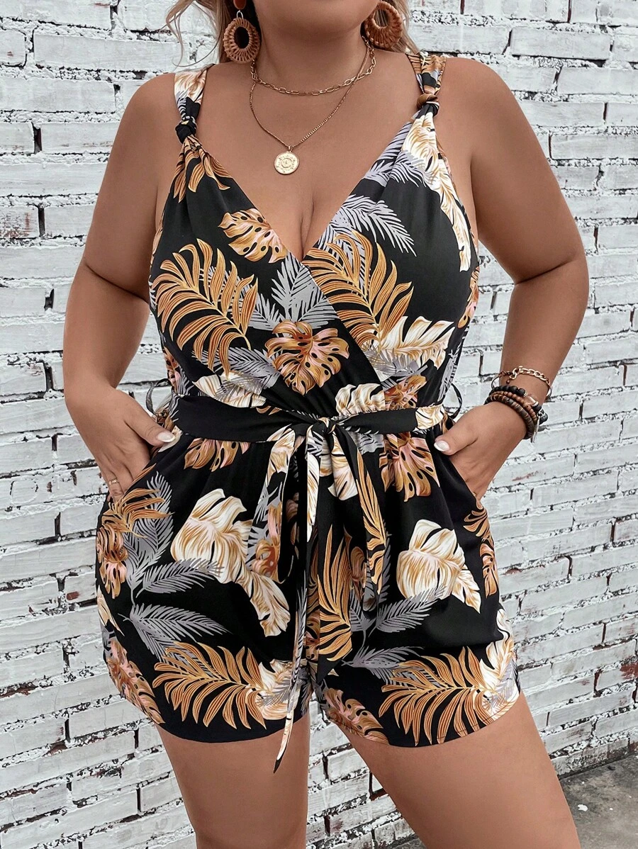 SHEIN LUNE Jumpsuits Plus Size Thắt lưng Túi Trọn gói Nhiệt đới Boho - Nhiều màu - Xem 1