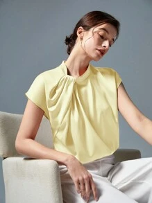 BizChic 素色前收褶蝙蝠袖襯衫工作服 - 黃色 - 查看 1