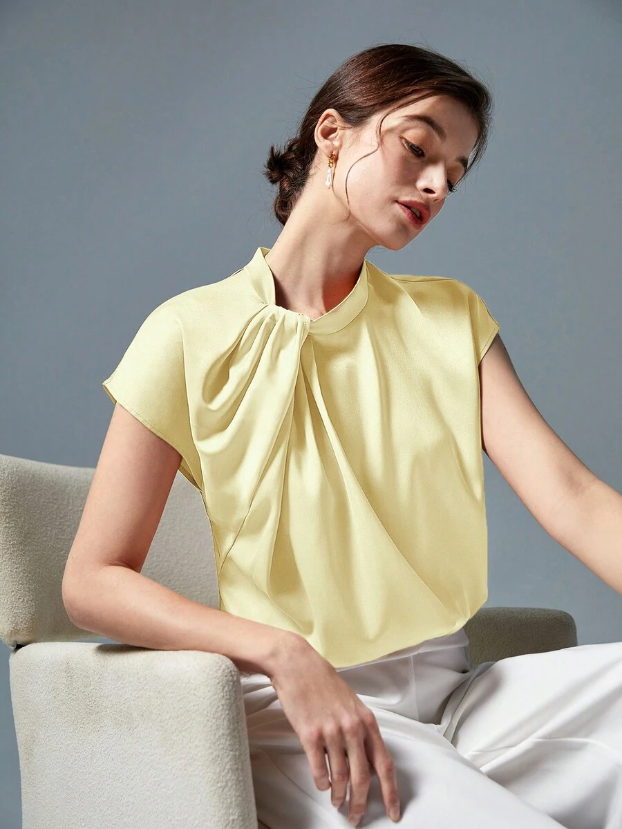 BizChic 素色前收褶蝙蝠袖襯衫工作服 - 黃色 - 查看 1