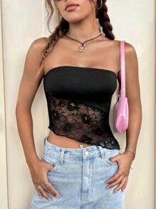 SHEIN EZwear Summer Contrast Lace Tube Top - Black - View 2