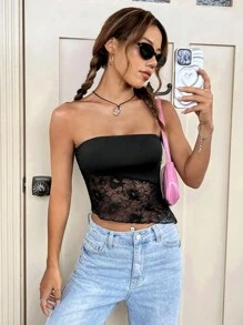 SHEIN EZwear Summer Contrast Lace Tube Top - Black - View 3