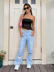 SHEIN EZwear Summer Contrast Lace Tube Top - Black - View 6