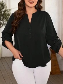 SHEIN LUNE Áo sơ mi Plus Size Nút Nút phía trước màu trơn Giải trí - màu đen - Xem 2