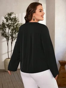SHEIN LUNE Áo sơ mi Plus Size Nút Nút phía trước màu trơn Giải trí - màu đen - Xem 3
