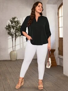 SHEIN LUNE Áo sơ mi Plus Size Nút Nút phía trước màu trơn Giải trí - màu đen - Xem 5