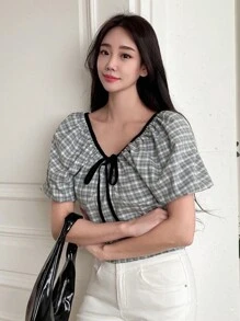 DAZY Plaid Print Knot Front Puff Sleeve Blouse - Multicolor - View 1