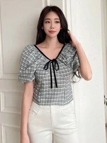 DAZY Plaid Print Knot Front Puff Sleeve Blouse - Multicolor - View 4