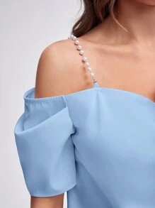 BizChic 珍珠串珠不對稱領襯衫工作服 - 淺藍色 - 查看 7