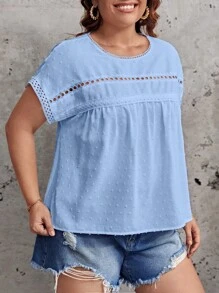 SHEIN LUNE 大碼圓點拼接水溶蕾絲蝙蝠袖襯衫 - 淺藍色 - 查看 5