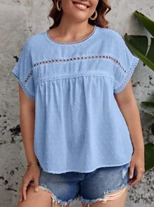 SHEIN LUNE 大碼圓點拼接水溶蕾絲蝙蝠袖襯衫 - 淺藍色 - 查看 7