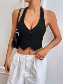 SHEIN EZwear 前紐扣露背繞頸短上衣 - 黑色 - 查看 2