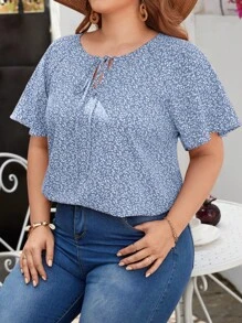 SHEIN LUNE Blusa de manga con volantes y cuello de lazo con estampado todo sobre, de talla grande, para verano - Azul y blanco - Ver 5