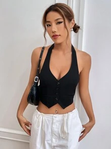 SHEIN EZwear 前紐扣露背繞頸短上衣 - 黑色 - 查看 7