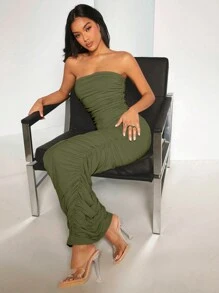 SHEIN BAE 素色褶邊抹胸緊身連衣裙 - 軍綠色 - 查看 1