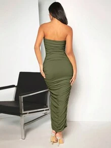 SHEIN BAE 素色褶邊抹胸緊身連衣裙 - 軍綠色 - 查看 2