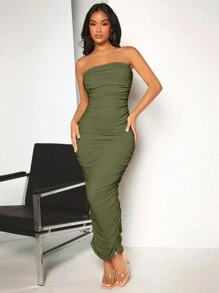 SHEIN BAE 素色褶邊抹胸緊身連衣裙 - 軍綠色 - 查看 3