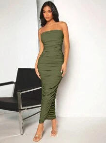 SHEIN BAE 素色褶邊抹胸緊身連衣裙 - 軍綠色 - 查看 4