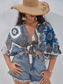 SHEIN VCAY 大碼佩斯利印花蝙蝠袖前打結短款襯衫