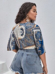 SHEIN VCAY 大碼佩斯利印花蝙蝠袖前打結短款襯衫