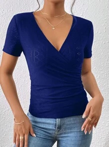 SHEIN Frenchy Eyelet Embroidery Button Side Tee Summer Casual Blue - Navy Blue - View 4