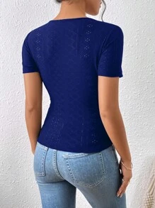 SHEIN Frenchy Eyelet Embroidery Button Side Tee Summer Casual Blue - Navy Blue - View 6