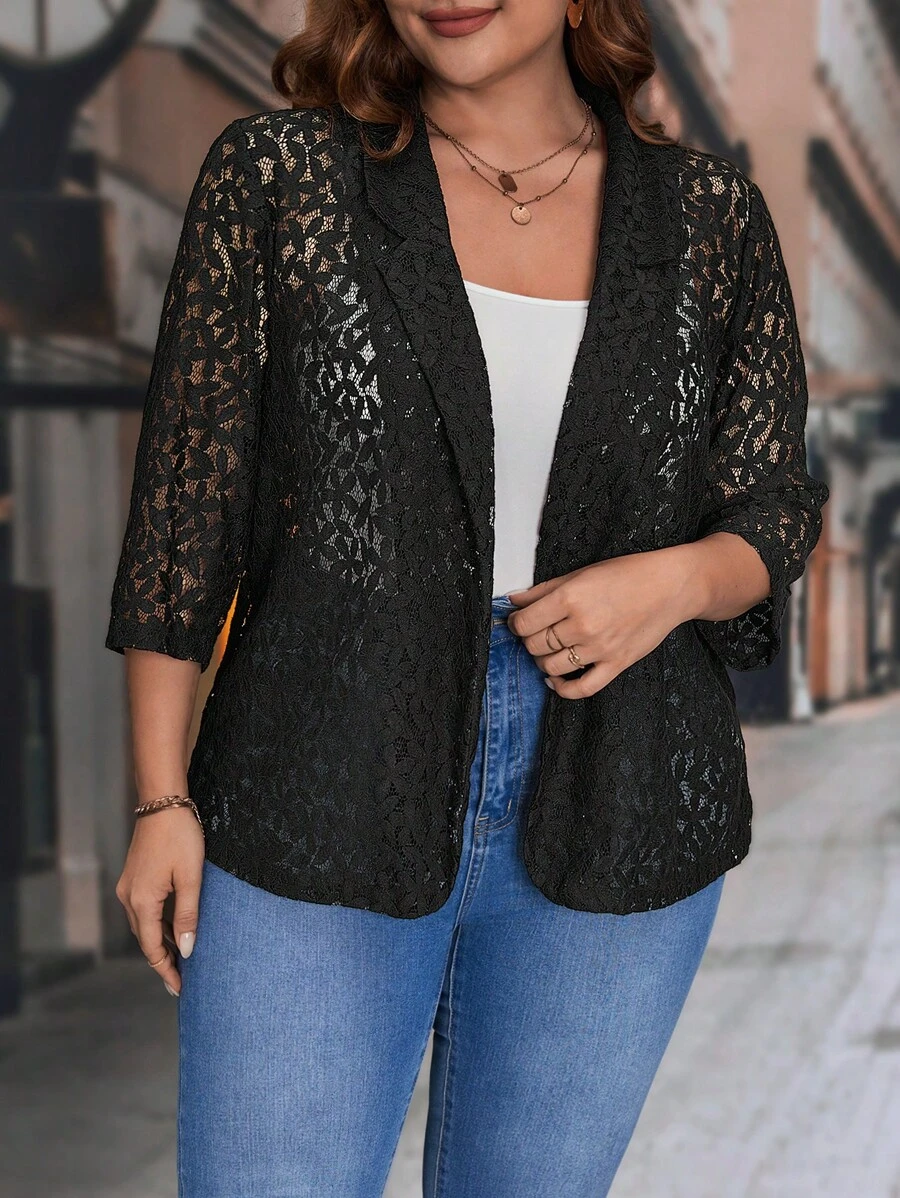 SHEIN Clasi Áo vest Plus size Tương phản ren màu trơn Thanh lịch - màu đen - Xem 1