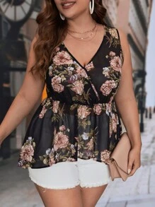 SHEIN Clasi 大碼印花荷葉邊下擺雪紡襯衫 - 彩色 - 查看 1